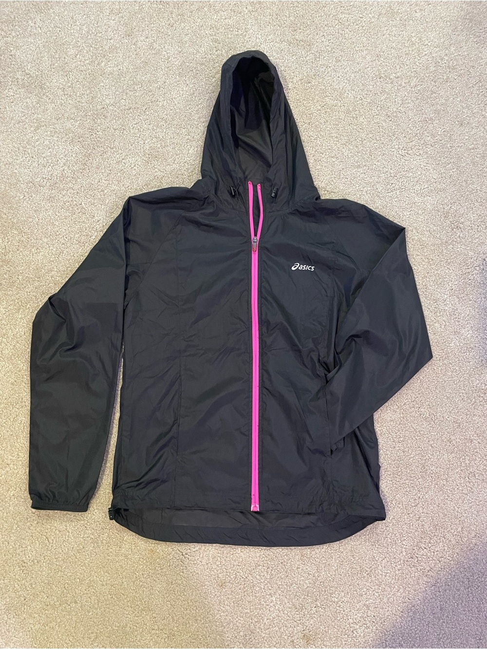 ASICS Black Hooded Women’s Windbreaker Jacket with Pink Front Zip